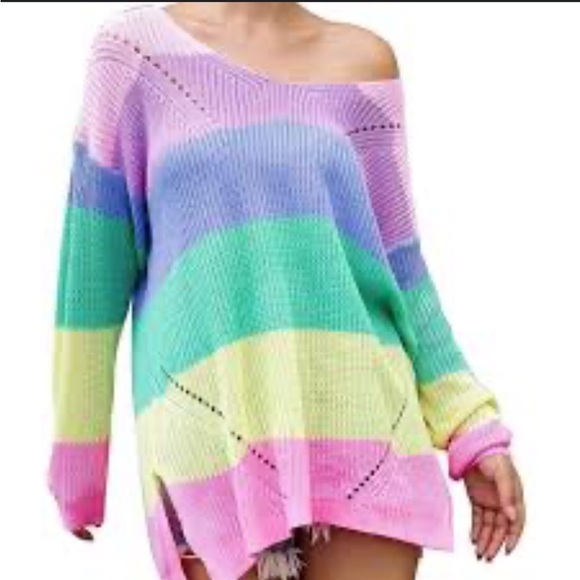 V-Neck Off The Shoulder Sweater Pastel Color Block  Oversized Knit Pullover L - Picture 7 of 11